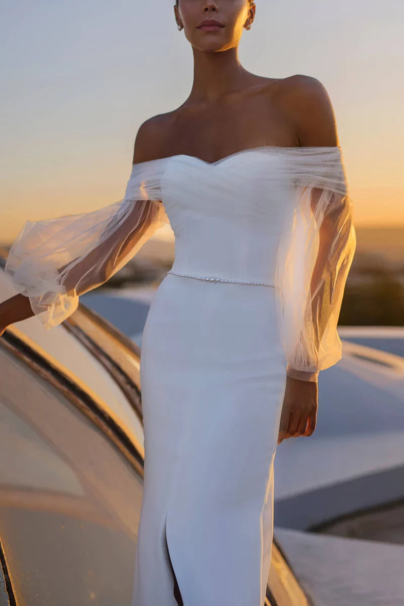 Elegant Mermaid Off Shoulder Sheer Puff Sleeve Button Back Train Length Wedding Dress