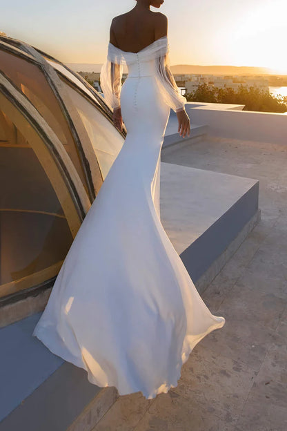 Elegant Mermaid Off Shoulder Sheer Puff Sleeve Button Back Train Length Wedding Dress