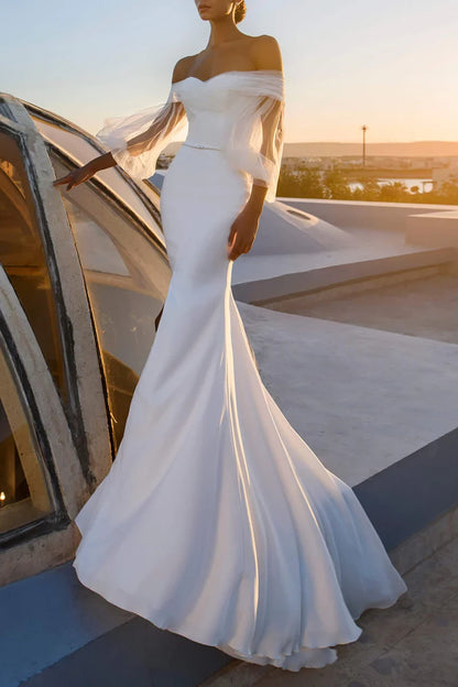 Elegant Mermaid Off Shoulder Sheer Puff Sleeve Button Back Train Length Wedding Dress