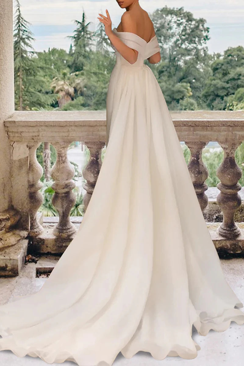 Elegant Mermaid Off Shoulder Short Sleeve Bow Back Train Length Wedding Dress