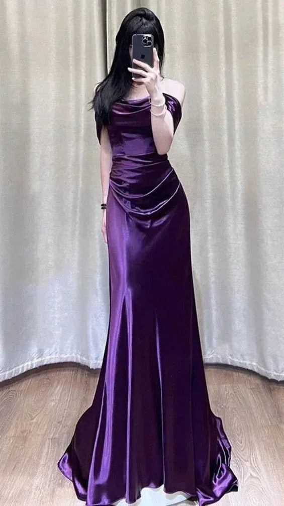 Elegant Mermaid Off-Shoulder Short Sleeve Draped Ruched Dark Purple Floor-Length Prom Dress.