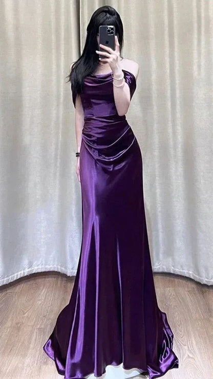 Elegant Mermaid Off-Shoulder Short Sleeve Draped Ruched Dark Purple Floor-Length Prom Dress.