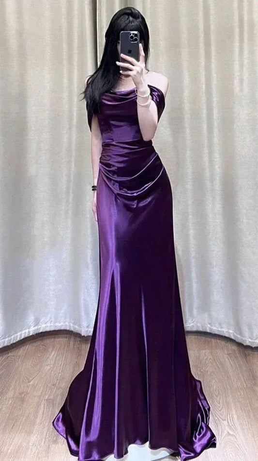 Elegant Mermaid Off-Shoulder Short Sleeve Draped Ruched Dark Purple Floor-Length Prom Dress.