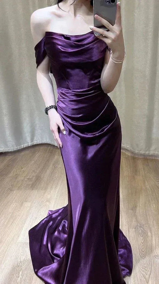 Elegant Mermaid Off-Shoulder Short Sleeve Draped Ruched Dark Purple Floor-Length Prom Dress.