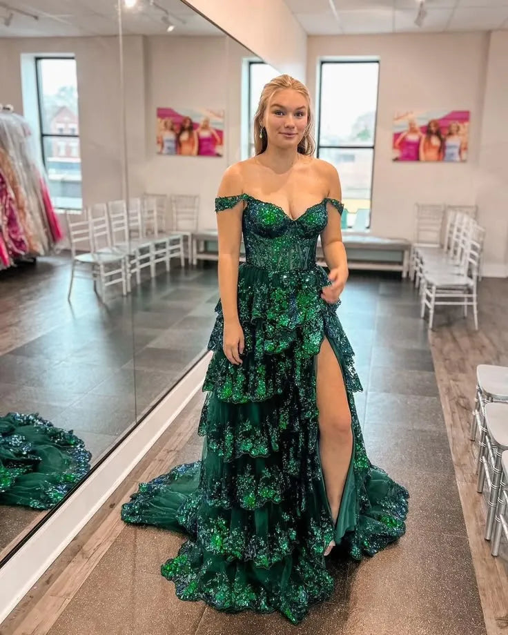 Elegant Mermaid Off-Shoulder Short-Sleeve Sequin Slit Emerald Green Train Prom Dress.