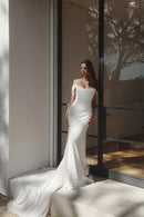 Elegant Mermaid Off Shoulder Short Sleeve Zipper Back Train Length Wedding Dress
