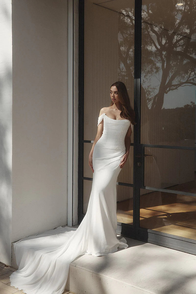 Elegant Mermaid Off Shoulder Short Sleeve Zipper Back Train Length Wedding Dress