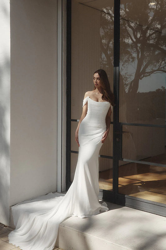 Elegant Mermaid Off Shoulder Short Sleeve Zipper Back Train Length Wedding Dress