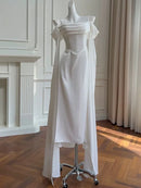 Elegant Mermaid Off-shoulder Long-sleeve Corset-back White Satin Floor-length Prom Dress.