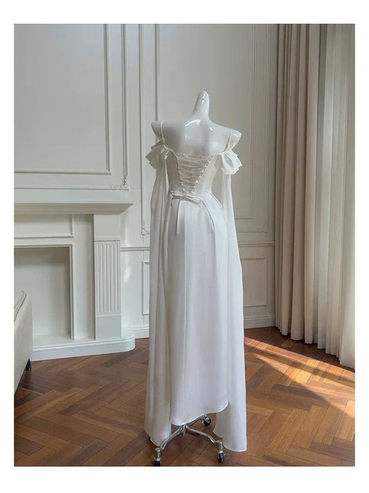 Elegant Mermaid Off-shoulder Long-sleeve Corset-back White Satin Floor-length Prom Dress.