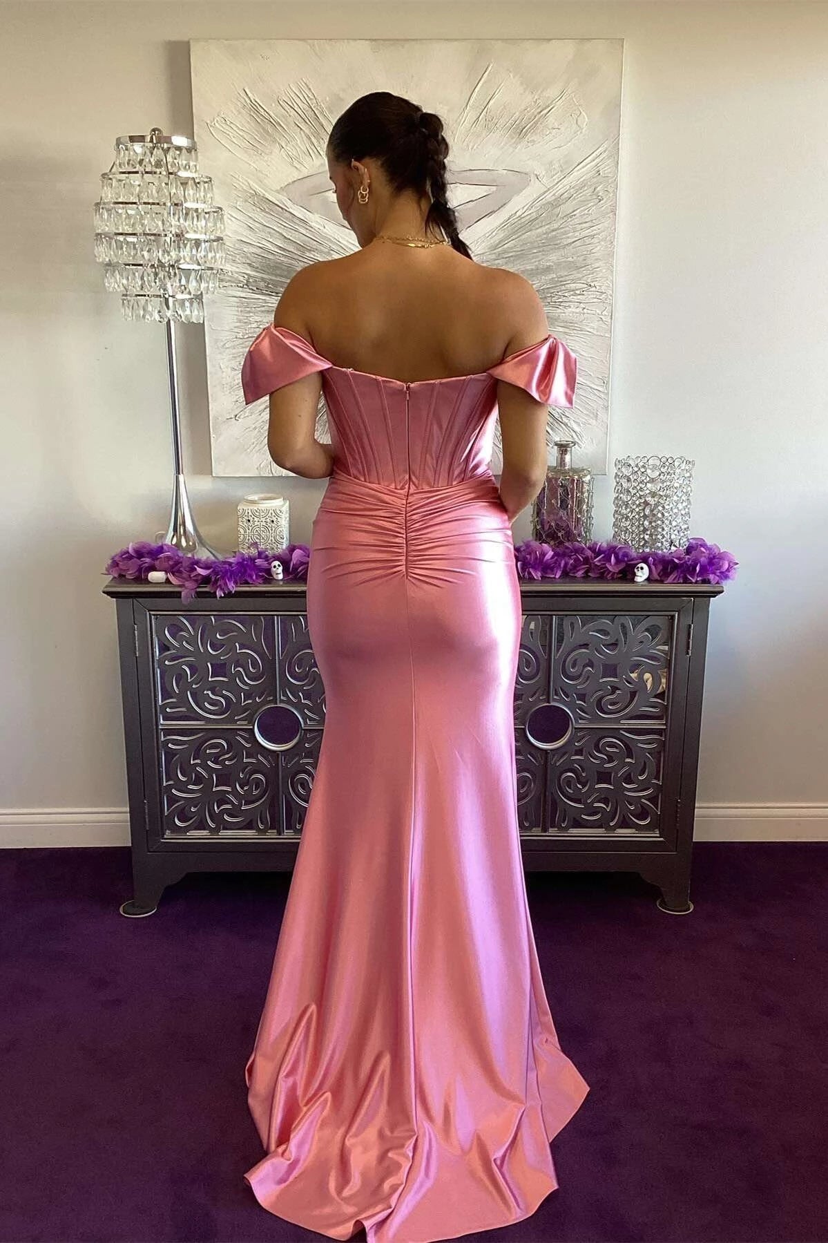 Elegant Mermaid Off-the-Shoulder Short Sleeves Open Back Sweep Train Blush Pink Evening Dresses