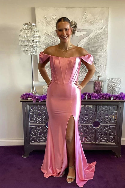 Elegant Mermaid Off-the-Shoulder Short Sleeves Open Back Sweep Train Blush Pink Evening Dresses