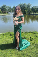 Elegant Mermaid Off-the-Shoulder Sleeveless Backless Slit Lace Evening Dresses