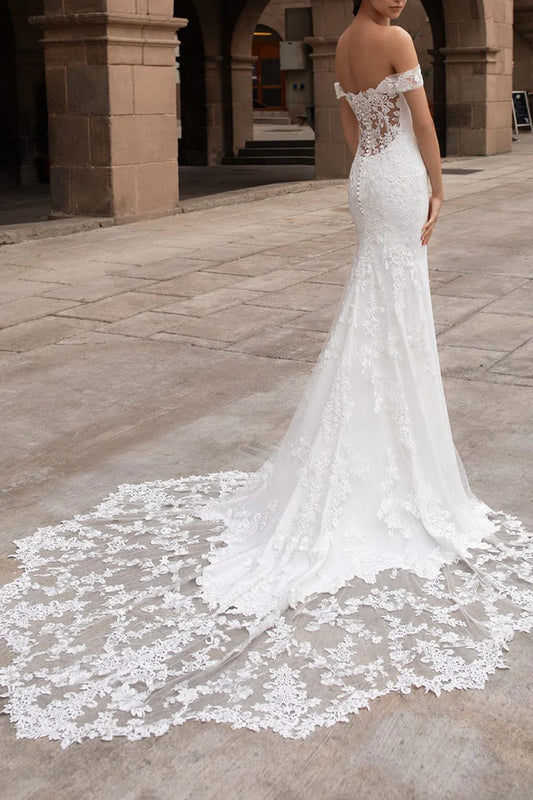 Elegant Mermaid Off-the-Shoulder Sleeveless Sheer-Back Cathedral Train Wedding Dress
