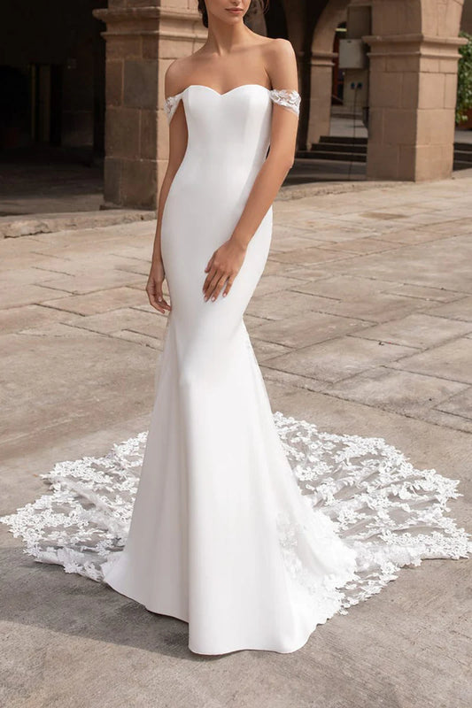 Elegant Mermaid Off-the-Shoulder Sleeveless Sheer-Back Cathedral Train Wedding Dress