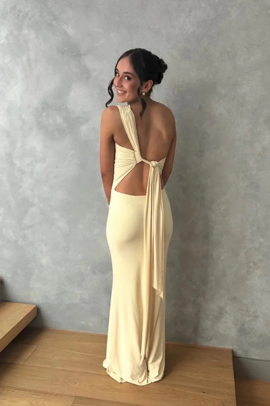 Elegant Mermaid One-Shoulder Sleeveless Open Back Floor-Length Champagne Jersey Evening Dresses