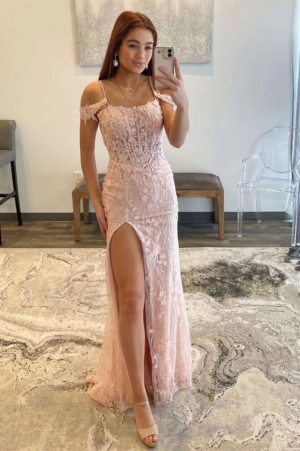 Elegant Mermaid Spaghetti Strap Cold Shoulder Open Back Floor Length Evening Gown