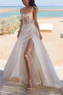 Elegant Mermaid Square Neck Spaghetti Strap Button Back Train Length Wedding Dress