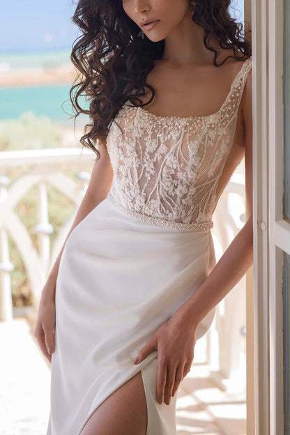 Elegant Mermaid Square Neck Spaghetti Strap Button Back Train Length Wedding Dress