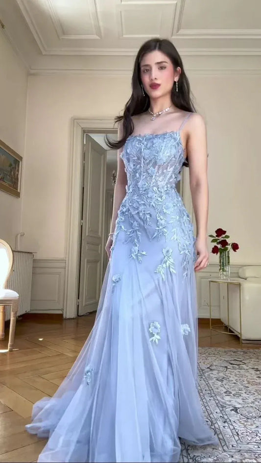 Elegant Mermaid Straight-Neck Spaghetti-Strap Floral Sky-Blue Train Prom Dress.