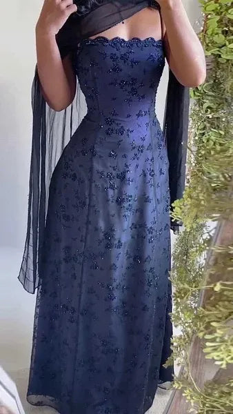Elegant Mermaid Strapless Beaded Floral Sheer Cape Sleeve Navy Floor-Length Prom Dress.