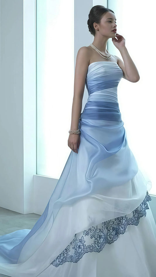 Elegant Mermaid Strapless Ombre Lace Train-Length Blue-White Prom Dress.