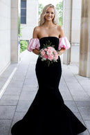 Elegant Mermaid Strapless Puff Sleeves Open Back Sweep Train Black Evening Dresses