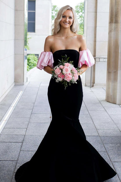 Elegant Mermaid Strapless Puff Sleeves Open Back Sweep Train Black Evening Dresses