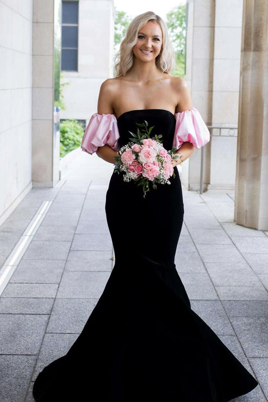 Elegant Mermaid Strapless Puff Sleeves Open Back Sweep Train Black Evening Dresses