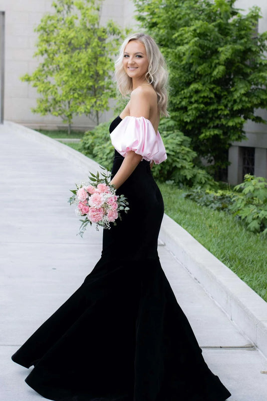 Elegant Mermaid Strapless Puff Sleeves Open Back Sweep Train Black Evening Dresses