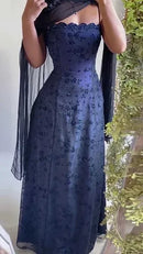 Elegant Mermaid Strapless Sheer Cape Sleeve Plain Back Floor‑Length Prom Dress