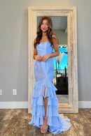 Elegant Mermaid Strapless Sleeveless Backless Ruffle Slit Chiffon Evening Dresses