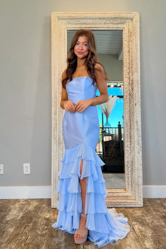 Elegant Mermaid Strapless Sleeveless Backless Ruffle Slit Chiffon Evening Dresses