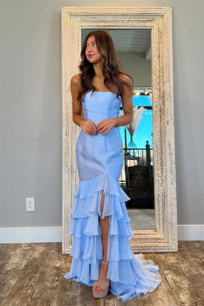 Elegant Mermaid Strapless Sleeveless Backless Ruffle Slit Chiffon Evening Dresses