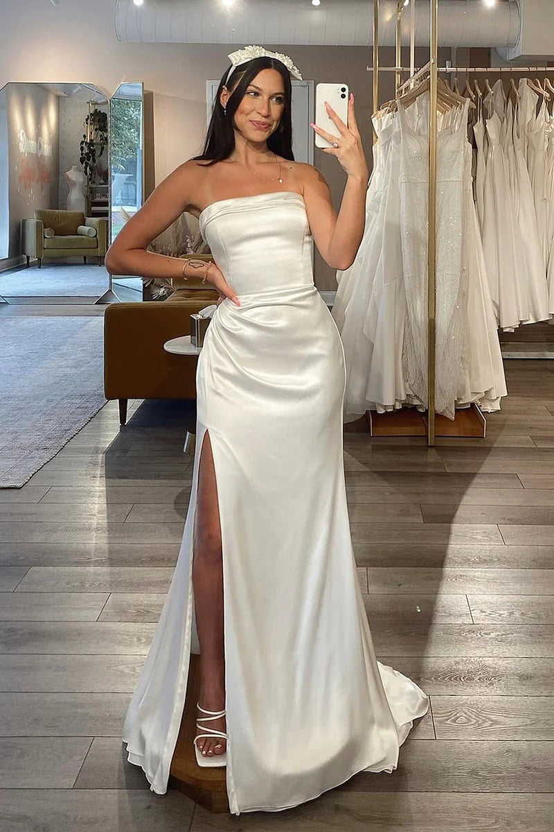 Elegant Mermaid Strapless Sleeveless Open-Back High-Slit Court Train Wedding Dress