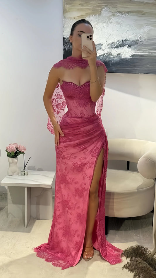 Elegant Mermaid Strapless Sweetheart Lace High-Slit Hot Pink Floor-Length Prom Dress.