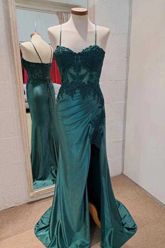 Elegant Mermaid Sweetheart Spaghetti-Strap Lace-Up-Back Lace-Appliqué High-Slit Train Evening Dress