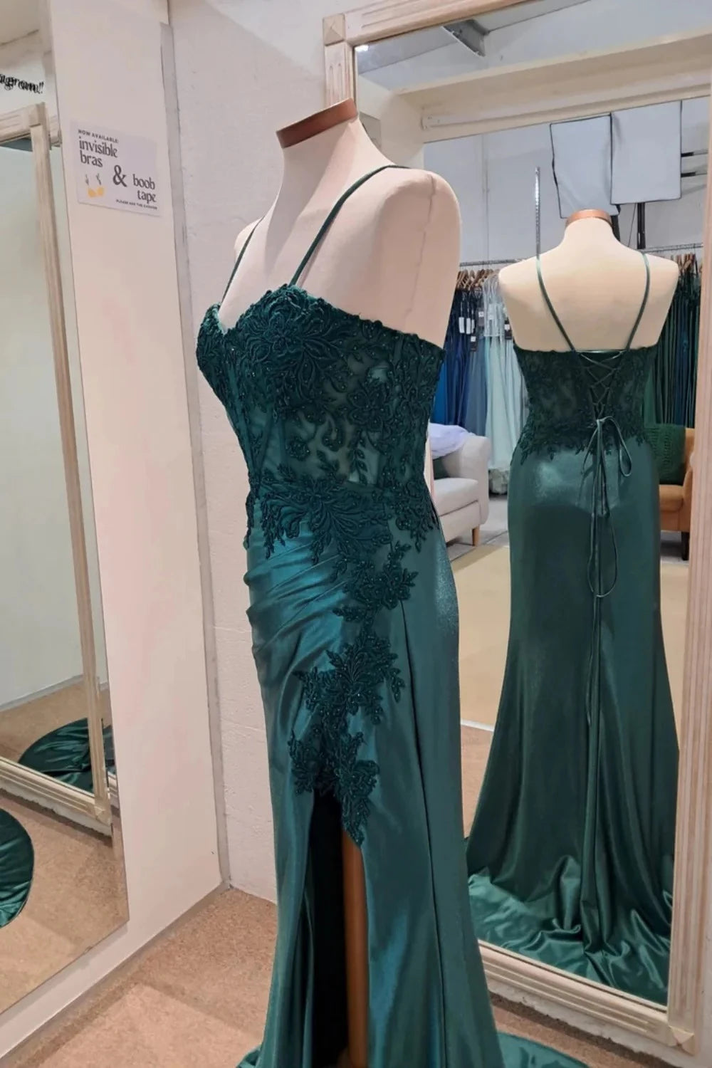 Elegant Mermaid Sweetheart Spaghetti-Strap Lace-Up-Back Lace-Appliqué High-Slit Train Evening Dress