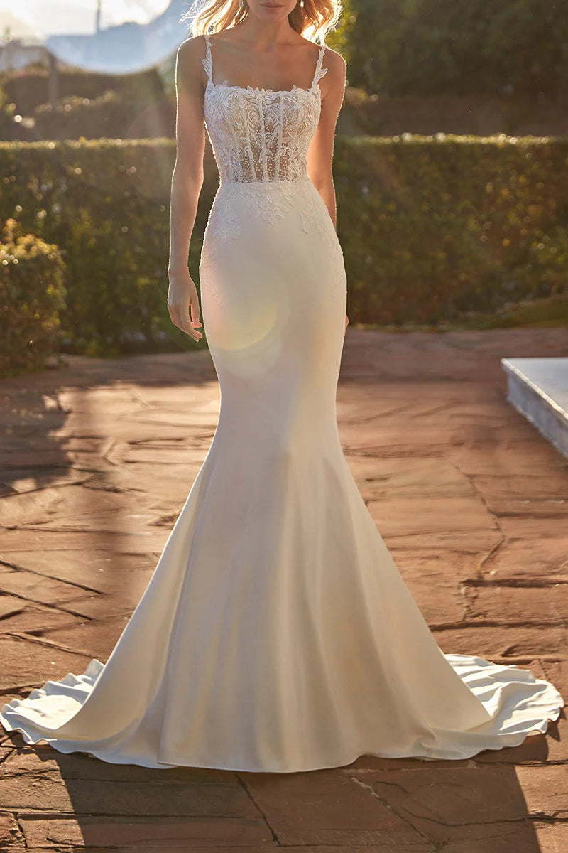 Elegant Mermaid Sweetheart Spaghetti-Strap Open-Back Train-Length Wedding Dress