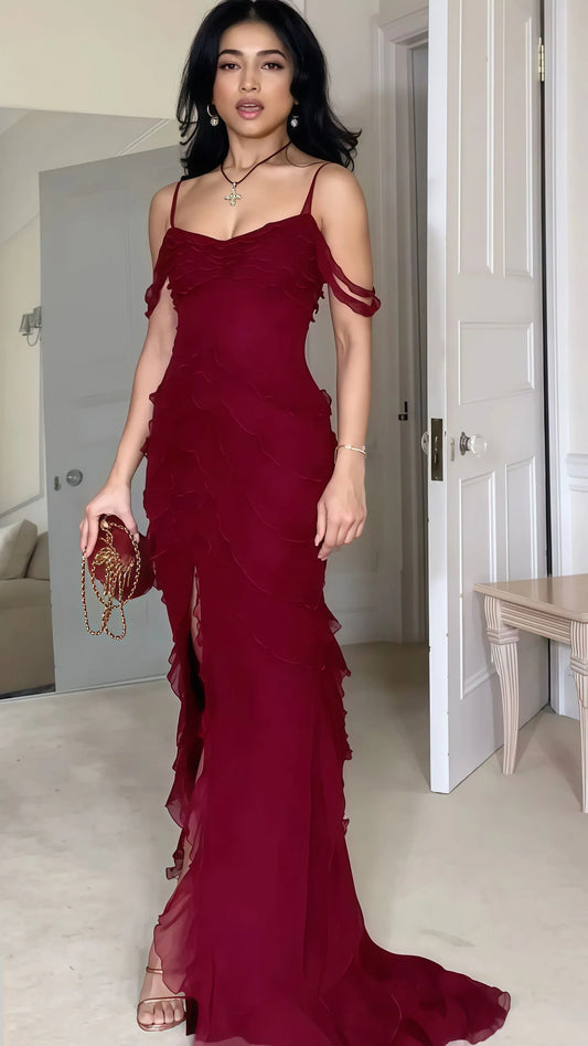 Elegant Mermaid Sweetheart Spaghetti Strap Ruffle Slit Burgundy Floor-Length Prom Dress.