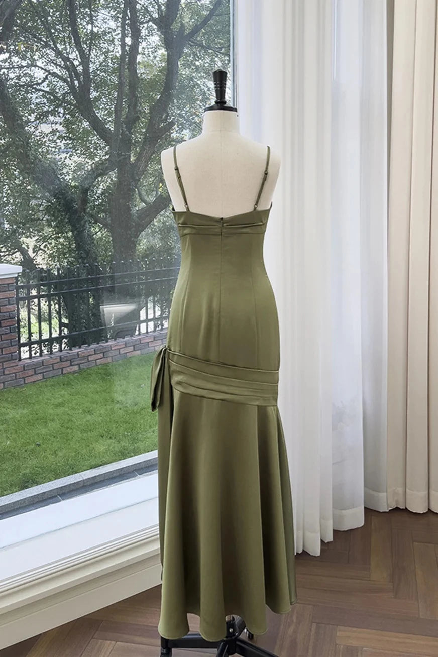 Elegant Mermaid Sweetheart Spaghetti Straps Open Back Tea-Length Olive Satin Evening Dresses