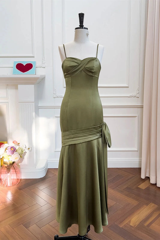 Elegant Mermaid Sweetheart Spaghetti Straps Open Back Tea-Length Olive Satin Evening Dresses