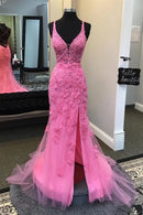 Elegant Mermaid V-Neck Sleeveless Open Back Slit Tulle Evening Dresses