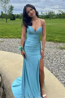 Elegant Mermaid V-Neck Spaghetti-Strap Ruched High-Slit Train Evening Dress