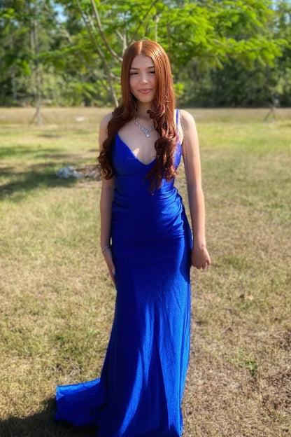 Elegant Mermaid V-Neck Spaghetti-Strap Tie-Back Shimmer Train Evening Dress