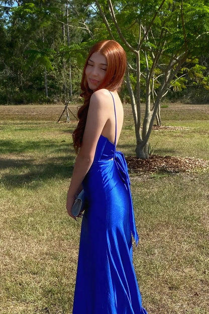 Elegant Mermaid V-Neck Spaghetti-Strap Tie-Back Shimmer Train Evening Dress