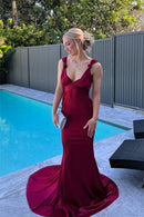 Elegant Mermaid V-neck Knotted Straps Low Back Bow Floor-length Evening Prom Dress