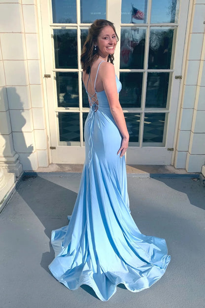 Elegant Mermaid V-neck Spaghetti Straps Lace-up Back Floor-length Evening Prom Dress