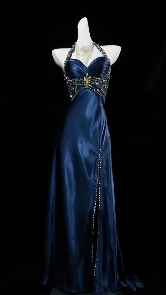Elegant Navy Blue Mermaid Halter Sweetheart Lace-Beaded High-Slit Prom Dress.