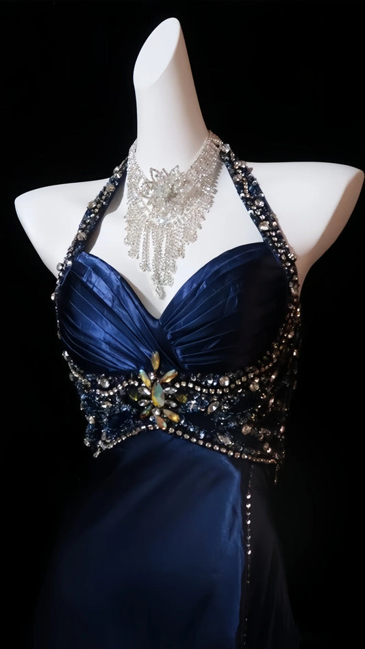 Elegant Navy Blue Mermaid Halter Sweetheart Lace-Beaded High-Slit Prom Dress.